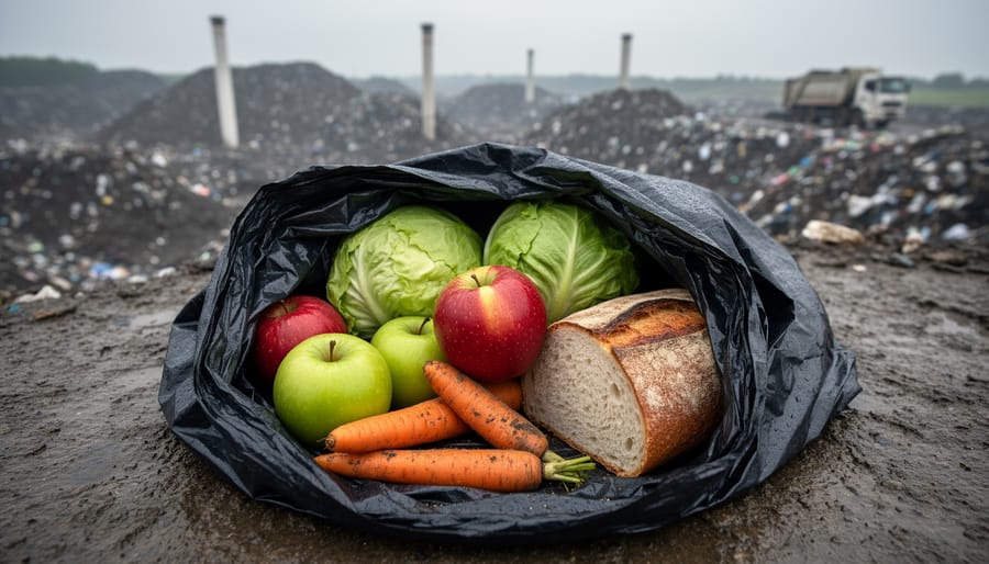 Close-up 45-degree view of a torn garbage bag in a landfill spilling fresh bread, apples, lettuce, and carrots, with blurred landfill mounds, gas vent pipes, and a distant garbage truck under overcast light.