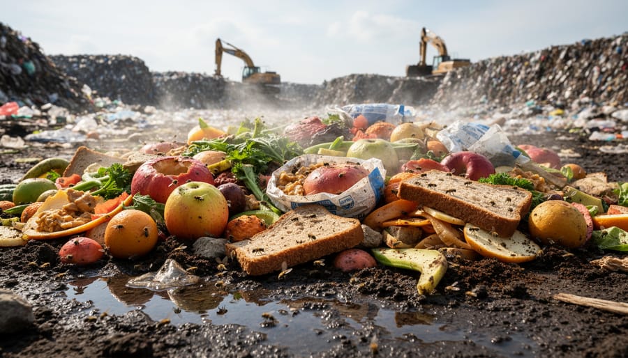 Decomposing food waste in garbage bin showing environmental impact