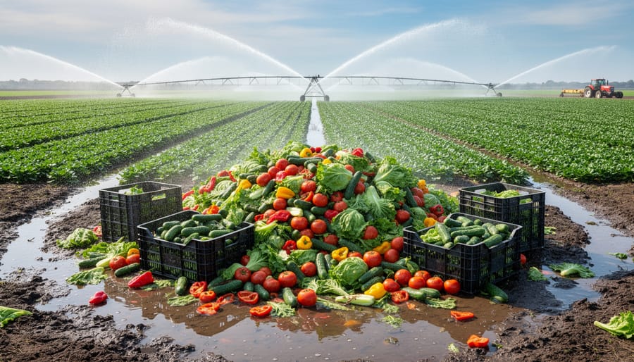 Aerial view of agricultural irrigation system watering crop fields