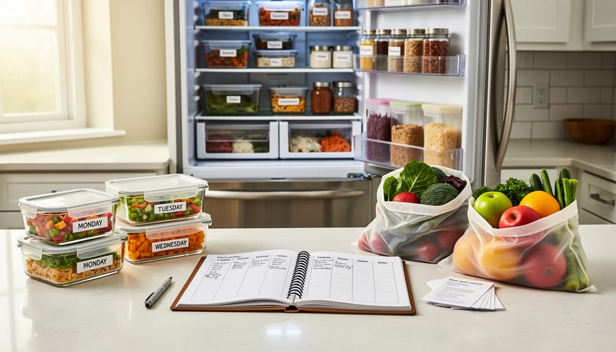 Organized kitchen with meal prep containers and fresh produce for reducing food waste