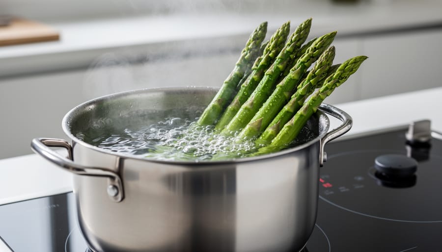 Green asparagus spears partially submerged in boiling water in a stainless pot.