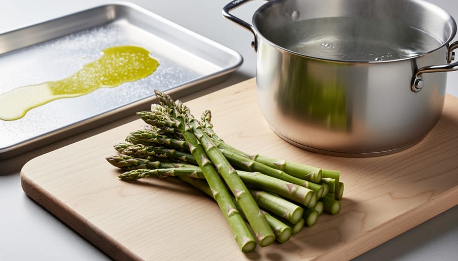 Close-up of fresh green asparagus on a wooden cutting board next to a pot of simmering water and a roasting tray, indicating cooking methods and timing.