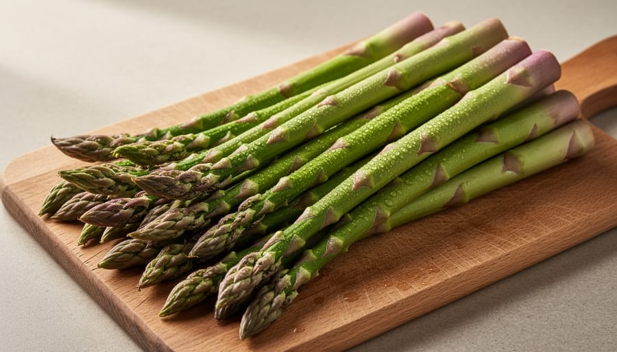 Fresh Canadian asparagus spears arranged on a wooden cutting board in soft natural light.