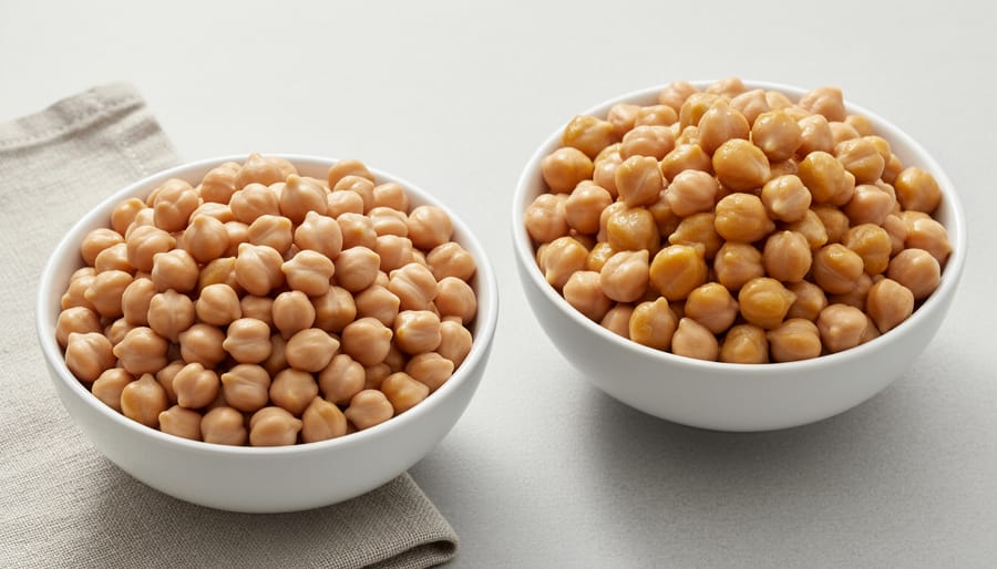 Two bowls of Instant Pot chickpeas showing different textures, firmer beans and softer beans.