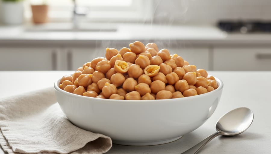 A person serves a bowl of tender cooked chickpeas from the Instant Pot with a wooden spoon.