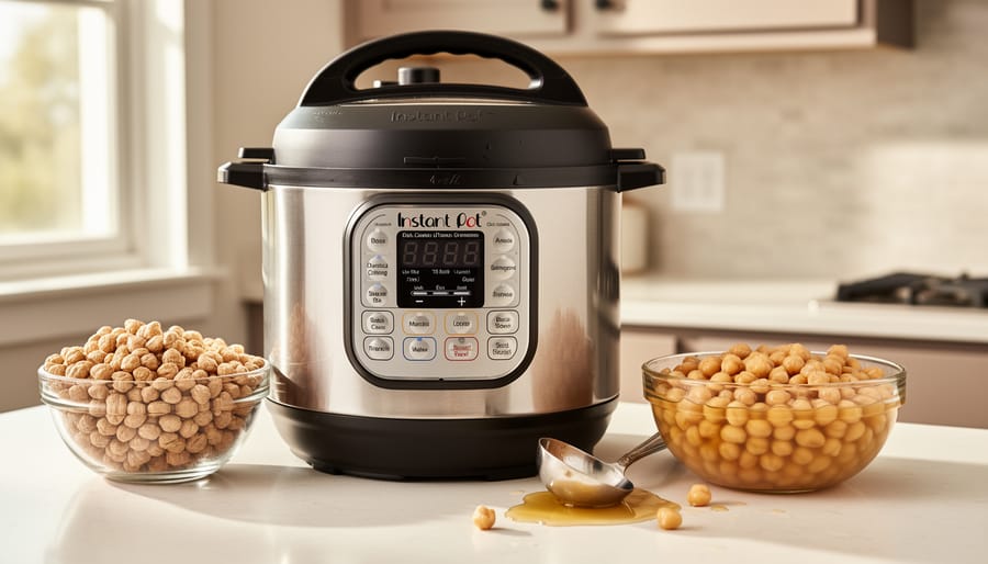 Instant Pot on a kitchen counter with bowls of dried and soaked chickpeas and a ladle beside them.