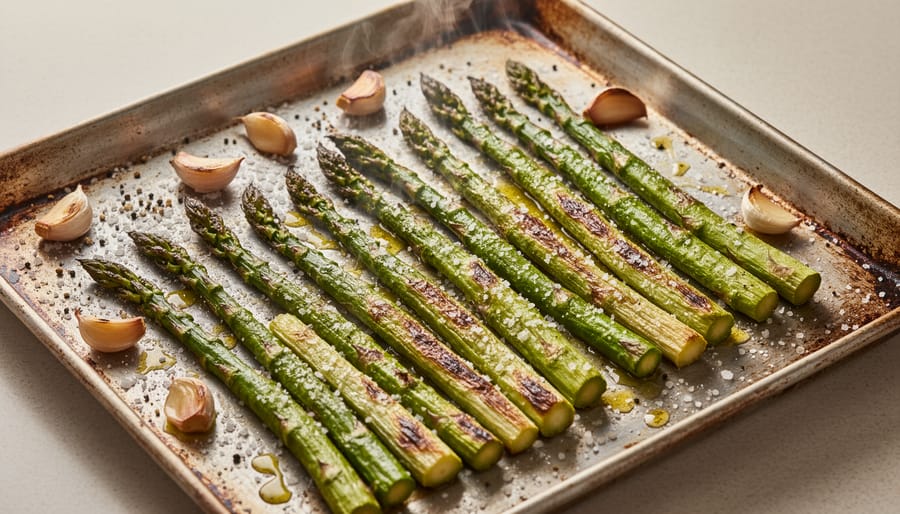 Roasted asparagus spears on a sheet pan with lemon wedges and seasonings on a kitchen counter.
