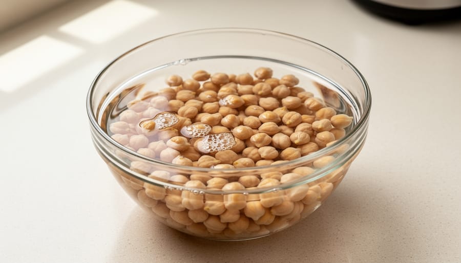 Dried chickpeas soaking in water beside the Instant Pot insert.