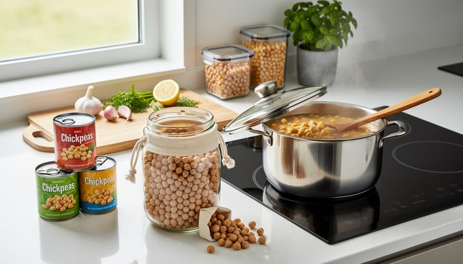 Dried chickpeas in a cloth bag and a jar of cooked chickpeas on a kitchen counter with a can in the background.