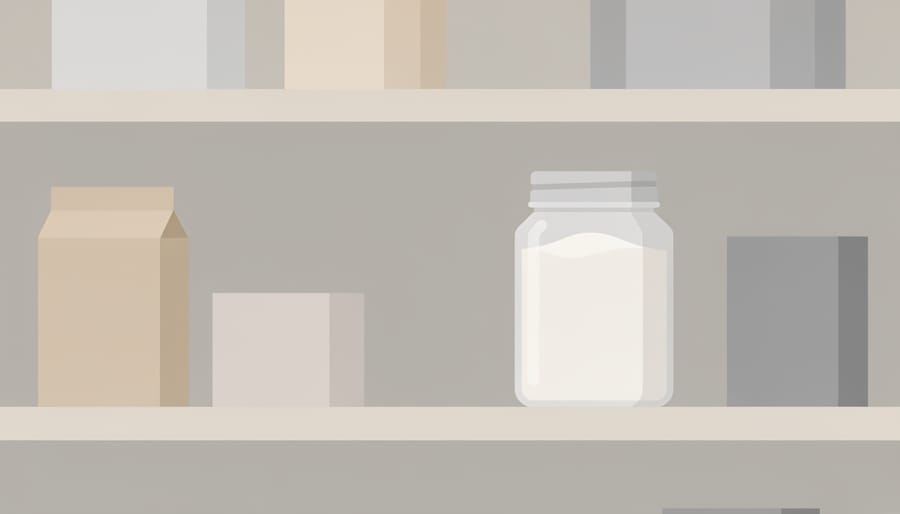 A sealed airtight container holding baking powder on a kitchen shelf
