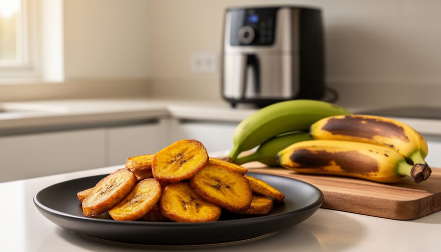 Golden air-fried plantain chips on a plate with a few green and overripe plantains on a wooden cutting board in a kitchen.