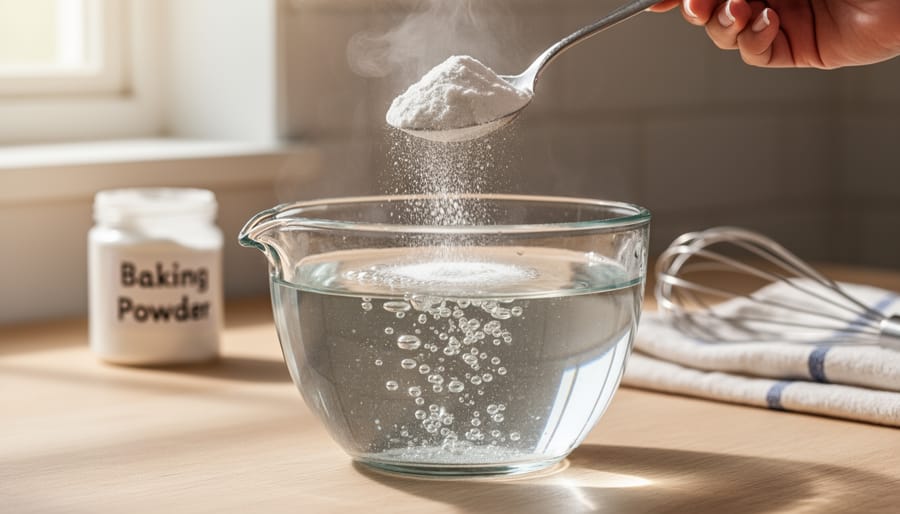 Baking powder being added to warm water in a glass bowl