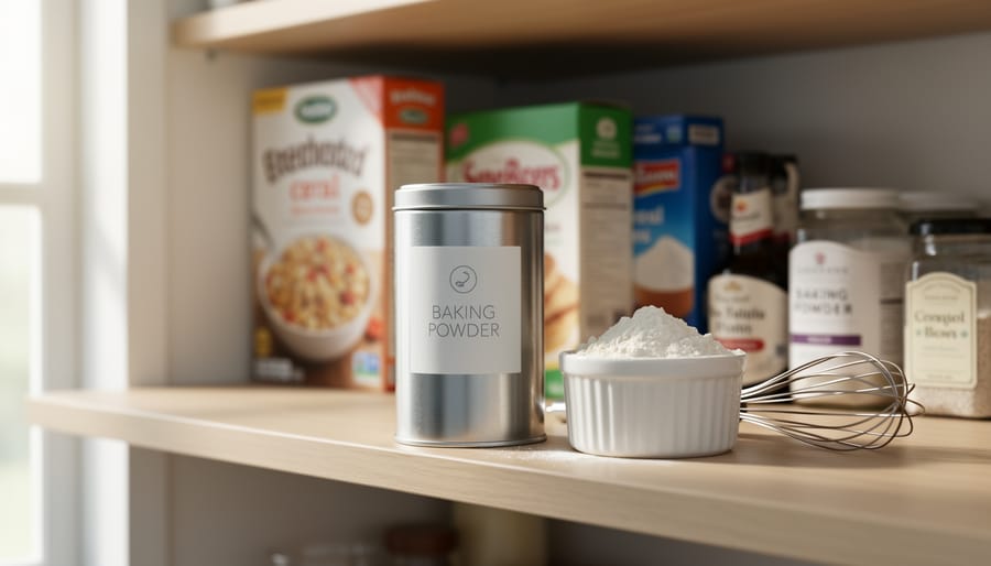 Baking powder canister and whisk on a kitchen pantry shelf with a small ramekin of white powder in soft daylight.
