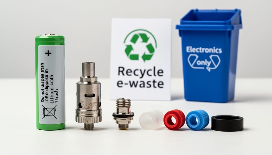Close-up of exposed vape components including a lithium-ion battery and broken cartridge pieces on a table