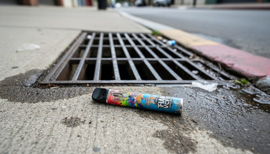 Discarded vape disposable on wet pavement near a storm drain grate