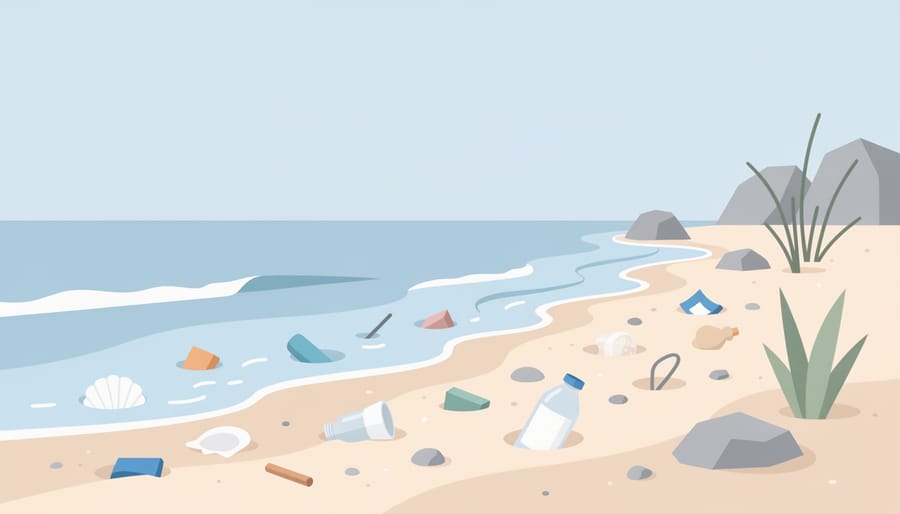 Discarded vape-related plastic pieces partially embedded in wet sand near shoreline seaweed