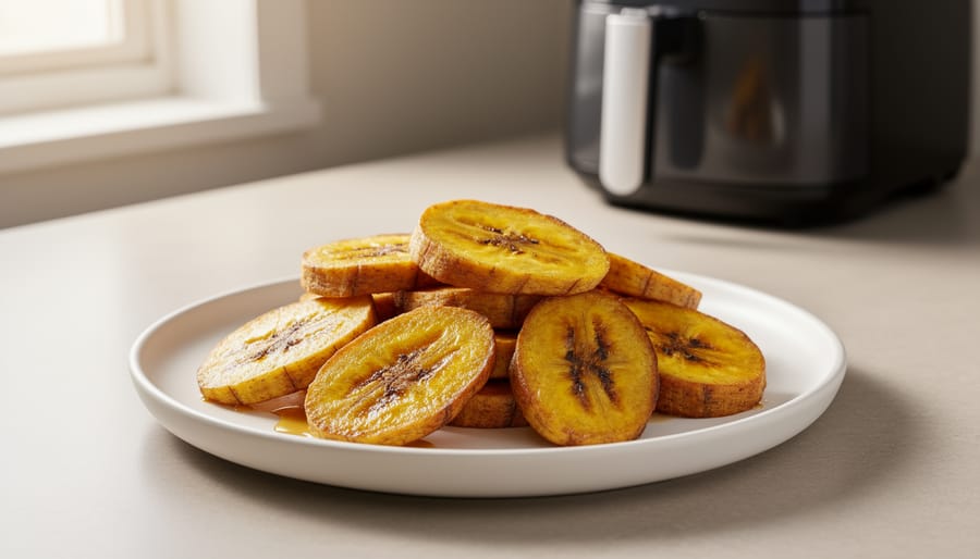 Golden-brown air-fried plantain rounds in an air fryer basket.