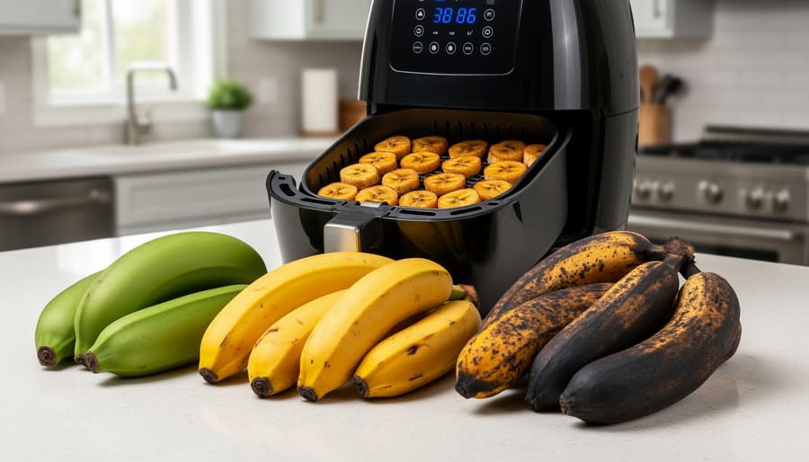 Mixed ripeness plantains, yellow-green and black-spotted, on a kitchen counter near an air fryer.