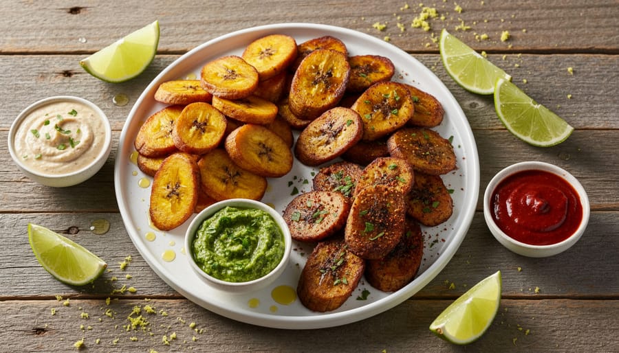 Plated sweet and savory air-fried plantain slices with cinnamon, savory seasoning, lime wedges, and dips.