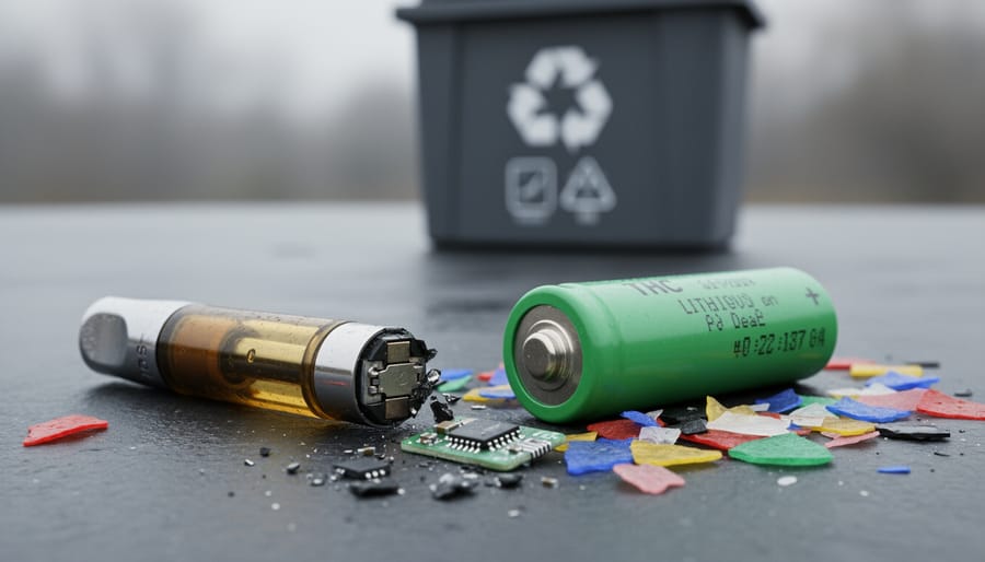 Close-up of discarded THC vape cartridge components, including a lithium-ion battery and small circuit-board and plastic fragments, suggesting hazardous vape waste in a household trash setting.