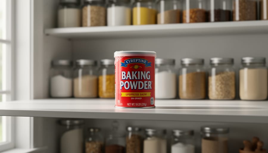 Unopened baking powder canister in a kitchen pantry setting
