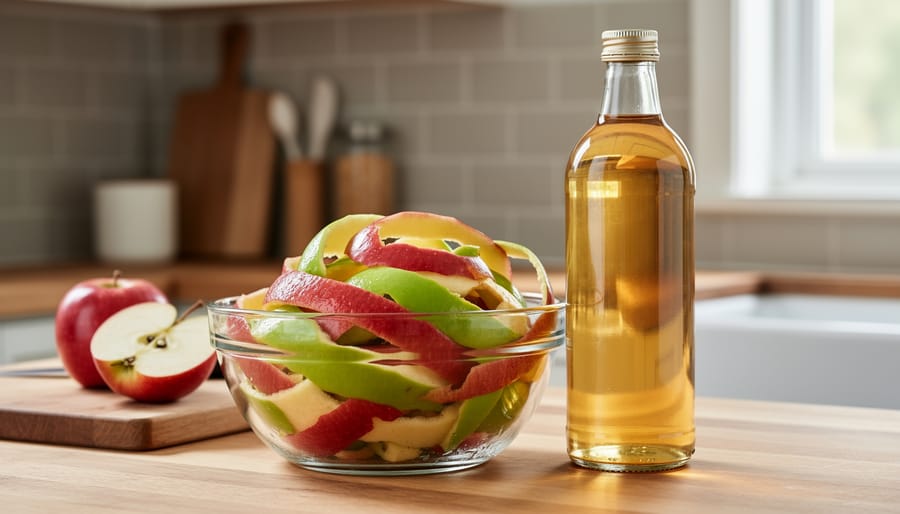Apple cores and peels beside a glass bottle of apple cider vinegar on a kitchen counter