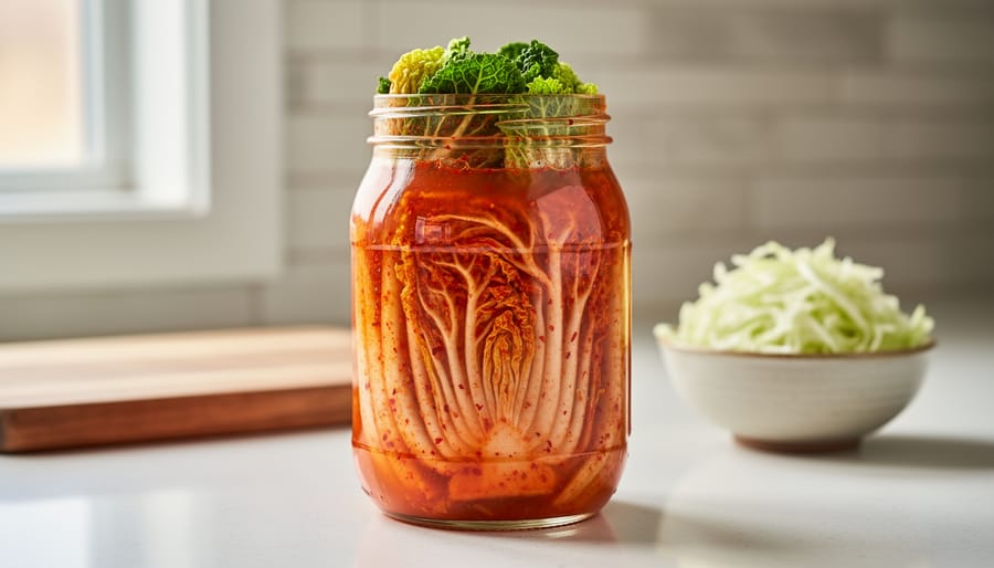 Clear glass jar of napa cabbage kimchi with red chili flecks on a kitchen counter, photographed in natural light.