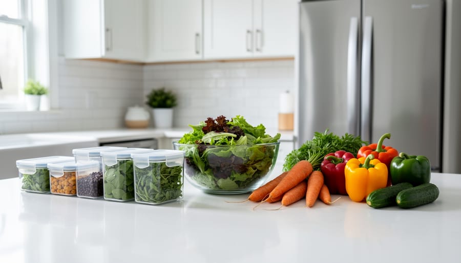 Clear reusable food storage containers and fresh vegetables arranged on a clean kitchen counter in a Canadian home.