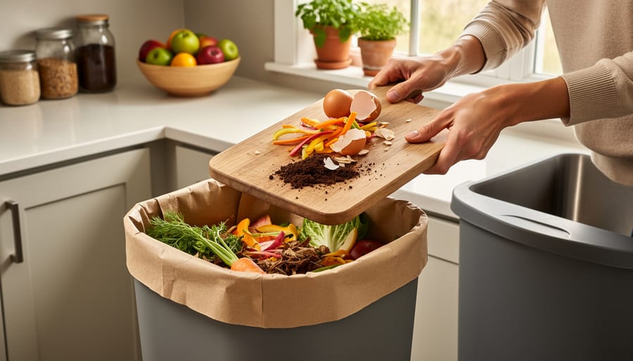 Compost bin filled with vegetable scraps and coffee grounds in a kitchen setting