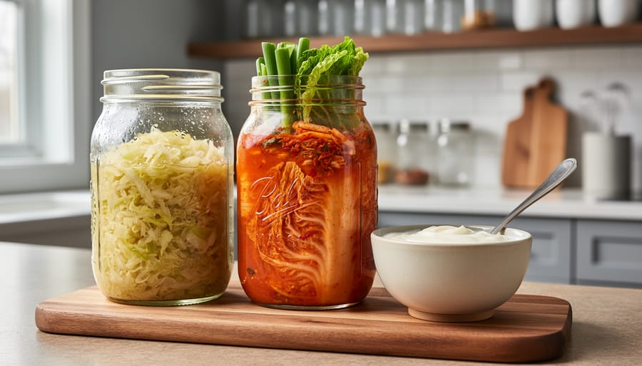 Glass jars of sauerkraut and kimchi beside a bowl of yogurt on a wooden board in a bright Canadian kitchen.