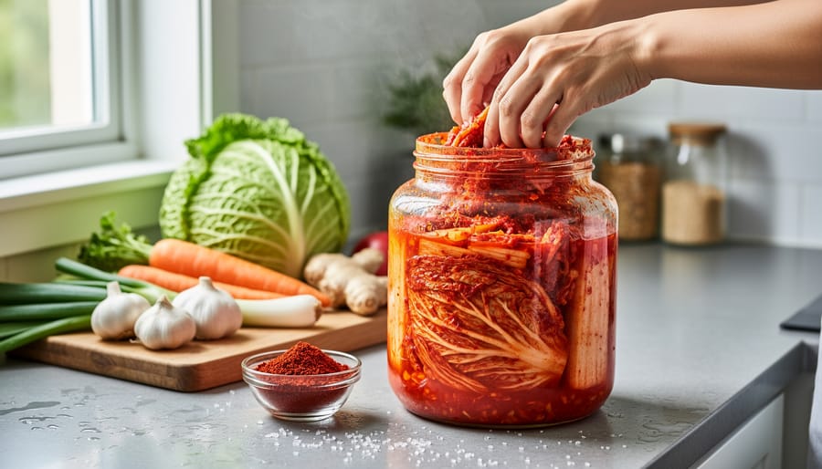 Hands packing homemade kimchi into a ceramic fermentation crock on a kitchen counter