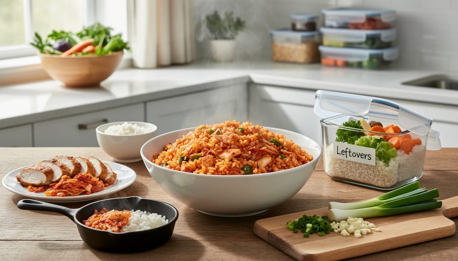 Kimchi fried rice with kimchi brine served on a kitchen table