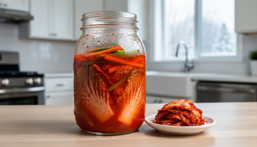 Glass jar of napa cabbage kimchi on a kitchen counter with natural light