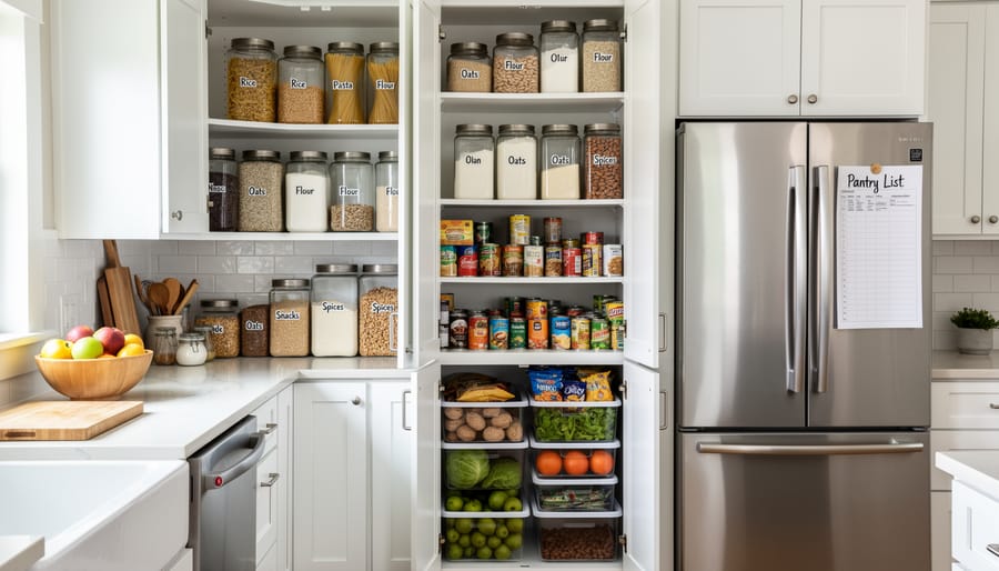 Clear reusable food storage containers and reusable bags arranged on a kitchen counter in a clean, organized Canadian home