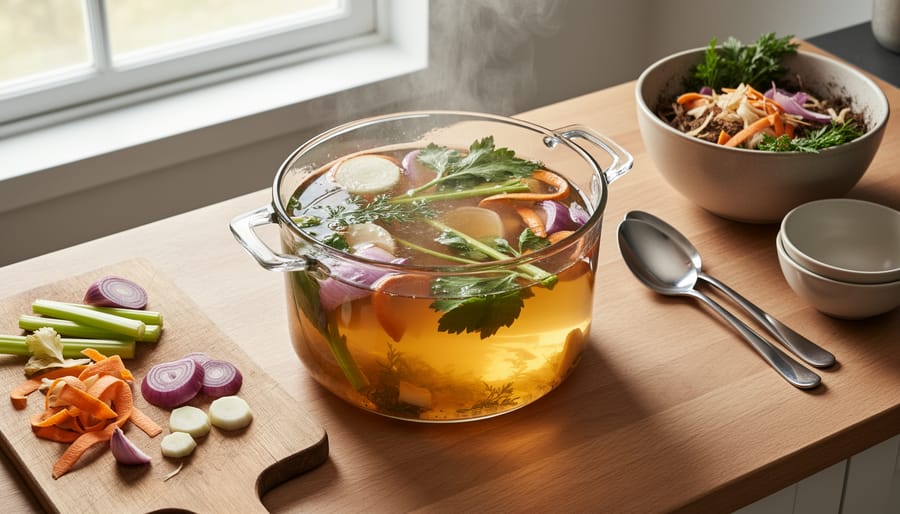 Bowl of vegetable scraps beside a pot of simmering homemade vegetable stock