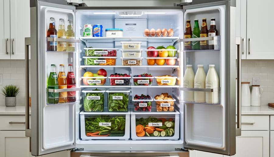 Organized refrigerator with containers of food arranged neatly on shelves