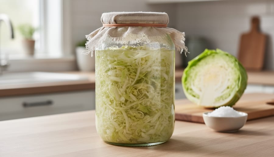 Glass jar of sauerkraut fermenting with cabbage under brine and visible bubbles