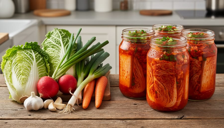 Bowl of chopped cabbage and carrots next to a crock of finished kimchi