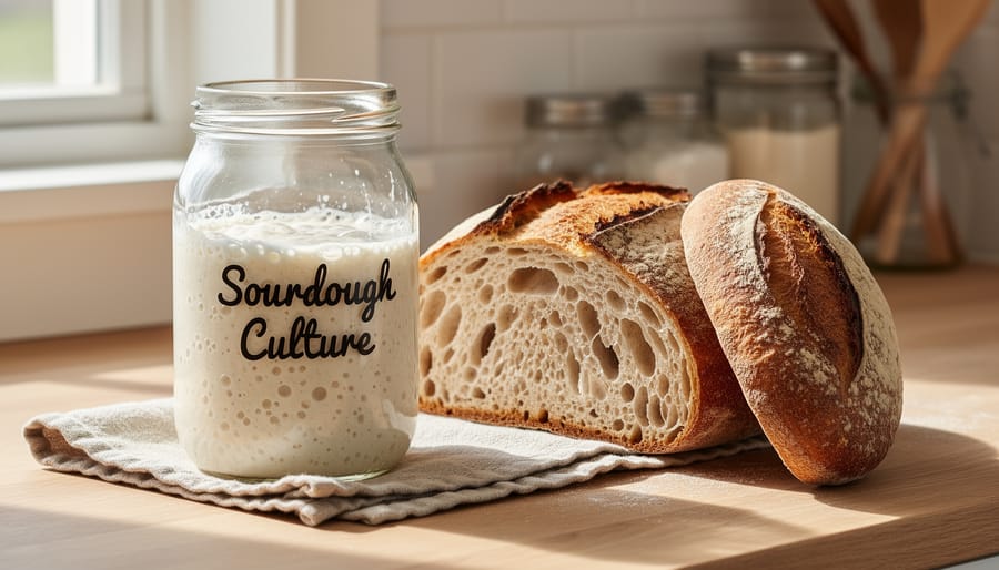 Sourdough starter jar with visible bubbles next to a rustic loaf on a kitchen counter