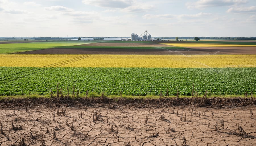 Wide view of a harvested agricultural field with bare soil under an overcast sky