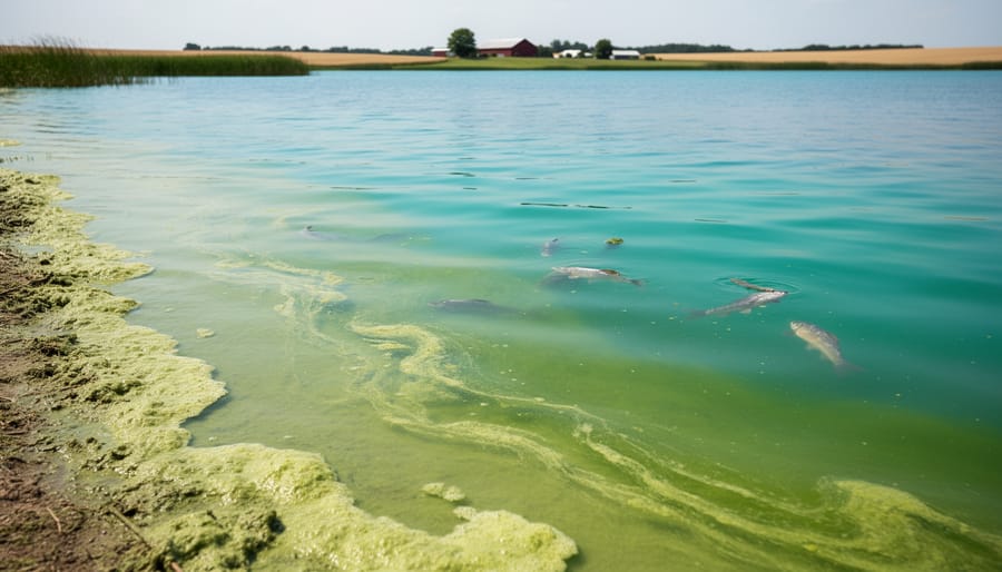 Green algae bloom along a lake or coastal shoreline in shallow water