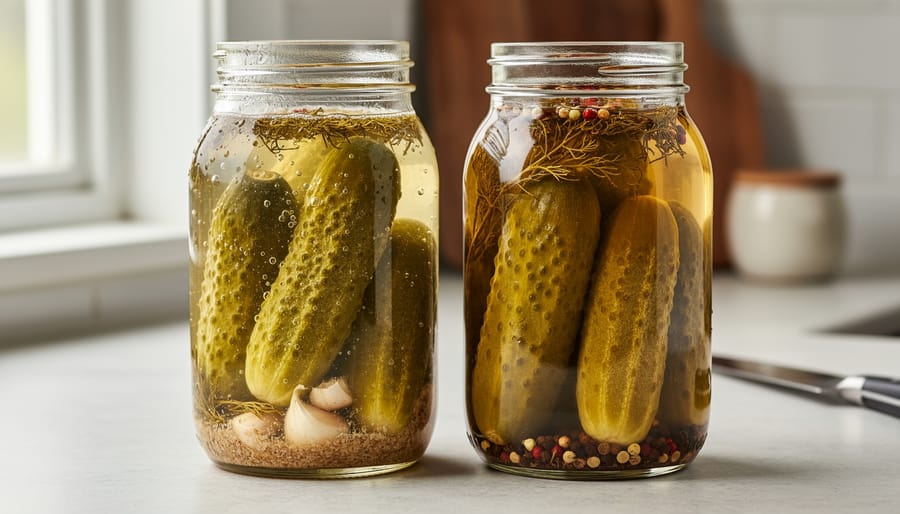 Two glass jars of pickles on a kitchen counter, showing naturally fermented and vinegar-style pickles in brine.