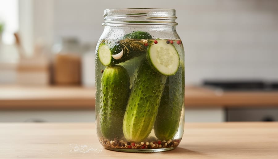 Macro close-up of cucumbers submerged in brine in a glass jar