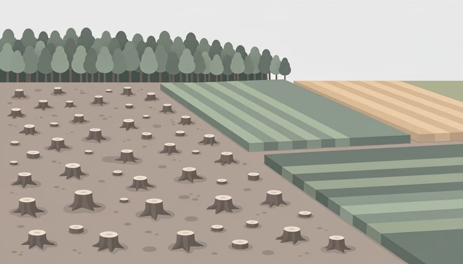 Cleared forest area with tree stumps and remnants of green canopy in the distance