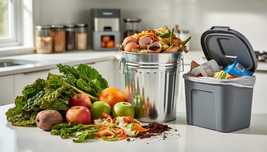 Wilted produce on a kitchen counter next to a compost bin and trash container, illustrating food waste and composting.
