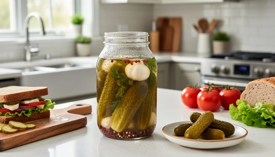 Hands setting a jar of pickles on a kitchen counter near a serving plate