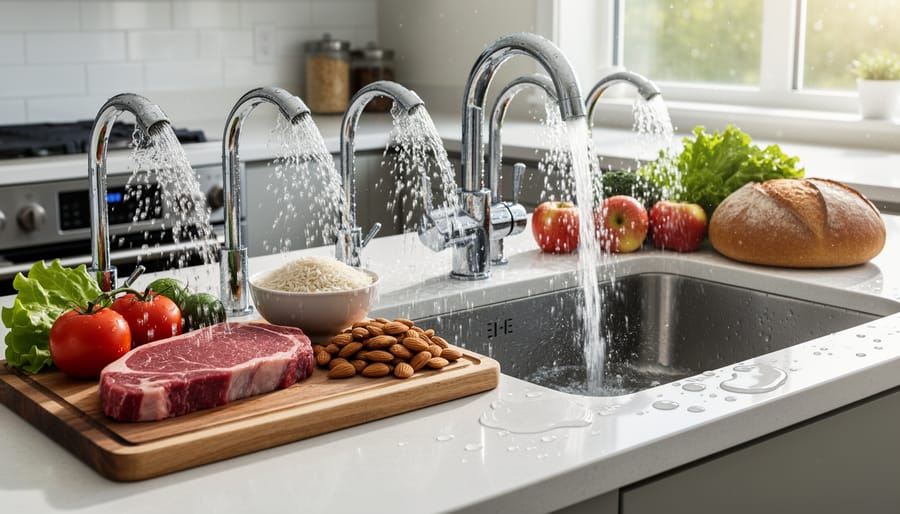 Close-up of a running kitchen faucet stream with water droplets and a measuring bowl