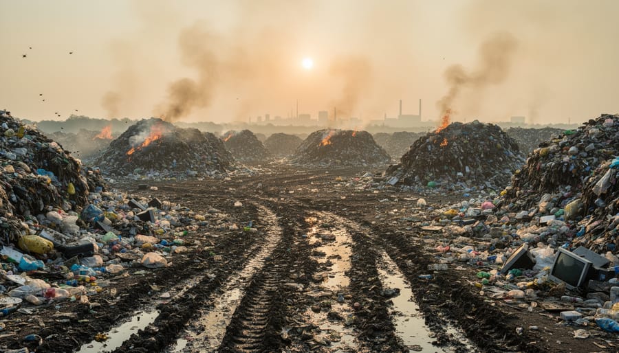 Overfilled landfill mounds with faint smoke and haze in an outdoor environment