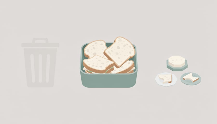 Lunch box with soft sourdough sandwich slices and neatly arranged homemade bread remnants