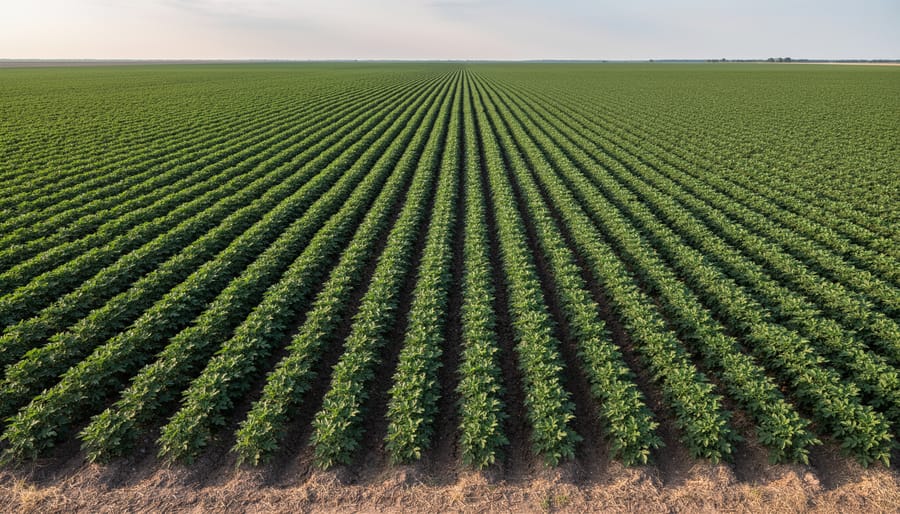 Uniform monoculture crop field with repetitive rows and minimal biodiversity on the ground